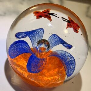 Handcrafted Glass Art Sphere with Blue and Orange Design